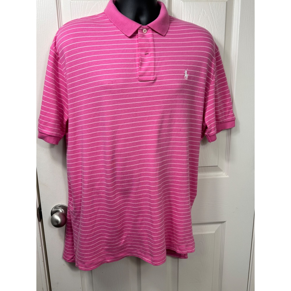 Polo Ralph Lauren Men's Polo Shirt Large Classic Fit Pink /White Striped *READ*